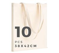 POLHIM® Lot de 10 Sacs en Toile de Jute de qualité 145 g/m² - Dimensions : 38 x 42 cm - Poignées Longues 70 cm - Naturel -100% Coton