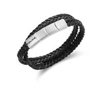Police Bracelet tressé plat en cuir noir tressé pour homme, taille unique, Acier inoxydable, Pas de gemme