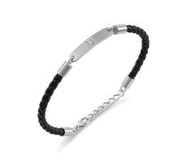 Police Interwove PEAGB0079301 Bracelet en cuir tressé avec découpe P en acier inoxydable pour homme Noir