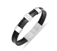POLICE Unity Bracelet en cuir noir avec motif de péquares en acier inoxydable