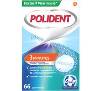 Polident Nettoyant 3 Minutes, Pour Prothèses Dentaires Partielles ou Complètes, Action Rapide, 66 Comprimés