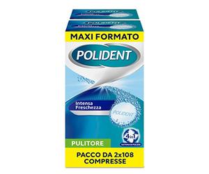 Polident Intensa Fraîcheur, Nettoyant quotidien pour prothèses dentaires avec agent antibactérien, lot de 2 x 108 comprimés