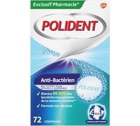 POLIDENT - Nettoyant Antibactérien Pour Prothèses Dentaires Complètes ou Partielles - Action 4 en 1 - Elimine 99,9 % des Bactéries Responsables de la Mauvaise Haleine - 72 Comprimés