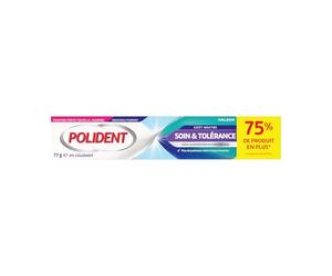 POLIDENT - Soin et Tolérance - Crème Adhésive Hypoallergénique pour Prothèse Dentaire - Fixation 12 Heures - Aide à Protéger les Gencives des Irritations - Sans Colorant ni Aromes Ajoutés - Tube 77 g