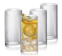 POLIDREAM Lot de 4 verres à boire avec style origami - 355 ml - Verre nervuré - Verres Highball en verre Highball - Style Art Déco vintage - Verres à jus - Idéal pour cocktail, bière