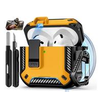 Polislime Compatible avec les AirPods 4 avec support de téléphone, verrouillage automatique à bouton-pression, texture en fibre de carbone avec kit de nettoyage, compatible avec MagSafe (jaune, pour