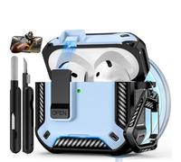 Polislime Compatible avec les AirPods 4 avec support de téléphone, verrouillage automatique, texture en fibre de carbone avec kit de nettoyage, compatible avec MagSafe (bleu clair, pour AirPods 4)