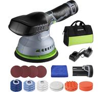 Polisseuse sans Fil 12V 150mm WORKPRO, Kit de Polisseuse Excentrique Voiture avec 2 Batteries 2,0Ah, 2800-5500 tr/min, Charge Rapide en 1 Heure, 1 Sac a Outils et 23 Accessoires