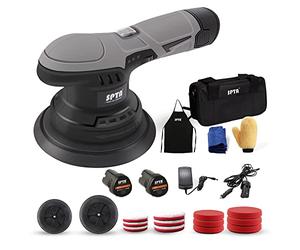Polisseuse Voiture, SPTA 125mm 150mm Polisseuse sans Fil, 2500-5000 TR/Min (6 Niveaux), Batteries de Rechange 12 V, 12x éponge de Polissage, Éponge de polissage en microfibre pour Le Polissage, Cirage