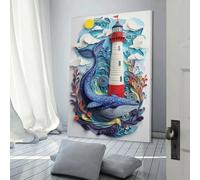 POLIUAWS Affiche décorative en papier représentant une baleine et un phare, idéale pour le salon, la cuisine et la chambre à coucher. Impression esthétique murale, 20 x 30 cm (8 x 12 pouces).