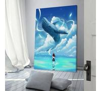 POLIUAWS Affiche murale moderne sur toile représentant une petite fille et une baleine, couchée sur le côté, 60 x 90 cm (24 x 36 pouces). Décoration murale pour salle de bain.