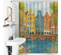 POLIUAWS Amsterdam Canal Houses and Bicycles Rideau De Douche en Polyester Doux pour Hôtel, Salle De Bain Ou Dortoir 53.54x70.87Inch（136x180cm）