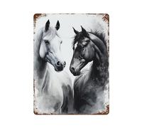 POLIUAWS Black And White Horse Plaque Murale Décorative En Métal Rétro Pour Salle De Bain, Chambre, Ferme, Cafés, Magasin15.7 x11.8