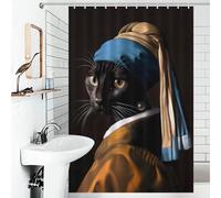 POLIUAWS Cat with A Pearl Earring Parody Rideaux De Bain Décoratifs Épais Et Résistants en Polyester pour Salle De Bain, Style Toile De Jouy, Décoration D'hôtel 46.85x70.87Inch（119x180cm）
