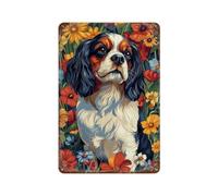 POLIUAWS Cavalier King Charles Spaniel in Flowers Dog Wall Art Print Plaque Murale En Métal Rétro Décorative Pour Atelier, Salle De Jeux, Bar, Cuisine11.8 x7.9
