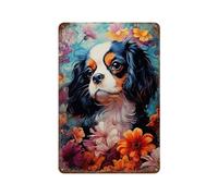 POLIUAWS Cavalier King Charles Spaniel in Flowers Plaque En Métal Vintage, Affiche Rétro, Décoration Murale Pour Bureau, Salon Ou Bar11.8"x7.9"