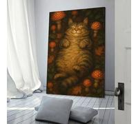 POLIUAWS Chat heureux dans une forêt de champignons, affiche vintage, décoration de chambre, esthétique, toile, 40 x 60 cm