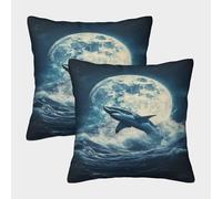 POLIUAWS Coussins de Noël Pas Chers « Requin sur la Lune », Housses de Coussin infroissables et Respirantes, Lot de 2, 50 x 50 cm