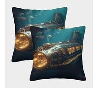 POLIUAWS Coussins décoratifs Steampunk sous-Marin, carrés, Lot de 2, 40 x 40 cm