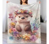 POLIUAWS Couverture de Luxe pour Fille, Motif Loutre Mignonne avec Couronne de Fleurs, idéale pour canapé, lit ou comme jeté de lit pour Petit ami, 127 x 152 cm (50 x 60 Pouces).