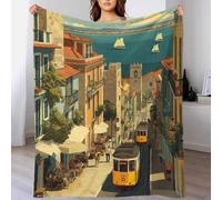 POLIUAWS Couverture en Flanelle Chaude, Douce et épaisse, à Motif Paysage côtier avec tramways et voiles. Couverture Polaire Douce et Chaude, 100 x 130 cm (40 x 50 Pouces).