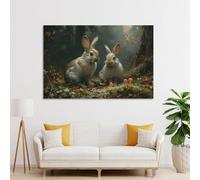 POLIUAWS Deux lapins dans la forêt avec des champignons - Tableau mural pour salon, chambre de garçon ou de fille - Toile 20 x 30 cm (8 x 12 pouces)