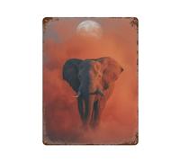 POLIUAWS Elephant Under The Moon in Orange Haze Décoration Murale Imperméable En Fer Pour Bar, Café, Salle De Jeux, Garage Familial, Poster Mural15.7 x11.8