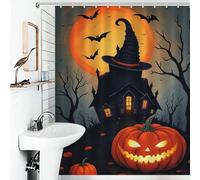POLIUAWS Halloween Night Haunted House Ensemble De Rideaux De Douche Lavables Et Élégants pour Usage Quotidien, avec 12 Crochets, pour Salle De Bain Ou Dortoir 56.30x70.87Inch（143x180cm）