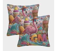 POLIUAWS Housses de Coussin carrées en Polyester, Motif Flamants Roses et Bonbons, Fermeture éclair Invisible, pour Salon, Chambre ou canapé, 40 x 40 cm
