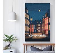 POLIUAWS Illustration de paysage urbain nocturne de Copenhague, Danemark. Tableau mural pour salon ou chambre. Grand format 40 x 60 cm (16 x 24 pouces).