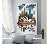 POLIUAWS Illustration murale de paysages urbains de Sydney et New York, idéale pour le salon ou la salle de bain, style rustique ou champêtre. Grande toile abstraite 40 x 60 cm (16 x 24 pouces).