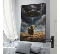 POLIUAWS Impression sur toile représentant une vache des Highlands, représentant un OVNI qui s'enlève, 50 x 75 cm