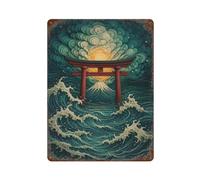 POLIUAWS Japanese Torii Gate And Ocean Waves Accessoires De Camping Décoration Plaque En Métal Café Pubs Clubs Salon Bars Cuisine Balcon15.7 x11.8