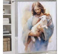 POLIUAWS Jesus Christ - The Good Shepherd Tissu 100% Polyester Lavable, Moderne Et Déperlant, Idéal pour La Décoration De La Maison, De La Salle De Bain Et des Hôtels. 69.69x70.87Inch（177x180cm）