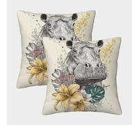 POLIUAWS Lot de 2 Housses de Coussin décoratives bohèmes à Motif Hippopotame et Fleurs, en Polyester de Luxe, pour canapé, 50 x 50 cm.