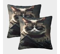 POLIUAWS Lot de 2 taies d'oreiller élégantes en Polyester, imprimées avec Le Portrait de Grumpy Cat Army, Douces et Confortables, 50 x 50 cm.
