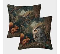 POLIUAWS Lot de 2 taies d'oreiller « Rencontre en forêt » Hibou et écureuil, en Satin Doux pour Les Cheveux et la Peau, Taille Standard, Fermeture Portefeuille, 45 x 45 cm.