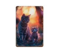 POLIUAWS Mother Cat And Kitten at Sunset Plaque En Métal Aluminium, Décoration Murale Pour Bar, Café, Garage Familial 11.8"x7.9"