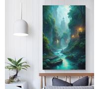 POLIUAWS Paysage mystique de rivière avec architecture ancienne - Œuvre d'art pour salon ou salle de bain de style rustique - Impression d'art moderne 20x30 pouces (50x75cm)