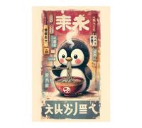 POLIUAWS Pingouin mangeant des ramen dans un décor japonais - Kit de peinture diamant 5D à faire soi-même, accessoires et outils inclus - Kit d'art diamant pour adultes débutants - 20 x 30 cm