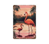 POLIUAWS Pink Flamingos Sunset Plaque Murale En Métal Style Vintage, Décoration Murale Pour Garage Ou Bureau À Domicile11.8 x7.9