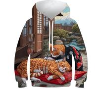 POLIUAWS Pull à Capuche pour Fille, Motif Chats Zen 3D dans Un Jardin Japonais, Manches Longues, Taille 11-13 Ans.