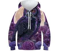 POLIUAWS Pull-Over Enfant 3D Amusant, Motif Hibou au Clair de Lune et Roses, à Capuche, Manches Longues et Poche, pour garçons et Filles (8-10 Ans).