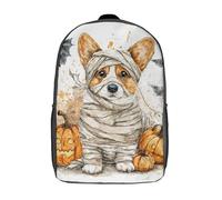 POLIUAWS Sac à dos enfant Halloween Momie Corgi avec citrouilles, sac d'école imprimé en 3D, cartable pour enfants, sac de voyage, sac à dos garçon/fille, sac d'école enfant 17 pouces