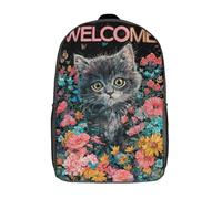 POLIUAWS Sac à dos enfant imprimé 3D avec motif floral « Chaton de bienvenue », sac d'école/de loisirs, sac à dos léger et tendance pour l'école, le collège et les voyages, 43 cm (17 pouces).