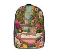 POLIUAWS Sac à dos enfant imprimé 3D léopard se baignant dans un paradis floral, cartable scolaire, sac à dos tendance, décontracté et léger pour l'école, le collège et les voyages, 17 pouces