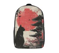 POLIUAWS Sac à dos enfant imprimé 3D, motif pagode japonaise au coucher du soleil et chat, idéal pour l'école, les voyages et les loisirs (17 pouces).