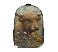 POLIUAWS Sac à dos enfant imprimé en 3D, motif vache des Highlands en fleurs, idéal pour l'école, les voyages et les livres. Grande capacité, 43 cm (17 pouces).