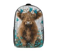 POLIUAWS Sac à dos enfant imprimé en 3D, motif vache des Highlands et papillons bleus, idéal pour l'école, les voyages et les livres. Convient aux garçons de primaire et de collège (17 pouces).