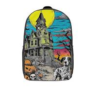 POLIUAWS Sac à dos enfant motif maison hantée d'Halloween, sac d'école imprimé en 3D, cartable pour enfants, sac de voyage, sac à dos garçon/fille, sac d'école enfant 17 pouces